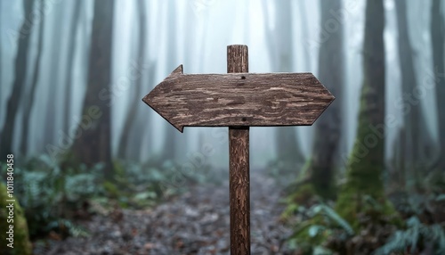 Wooden signpost in a misty forest pathway, nature's tranquility at its best.