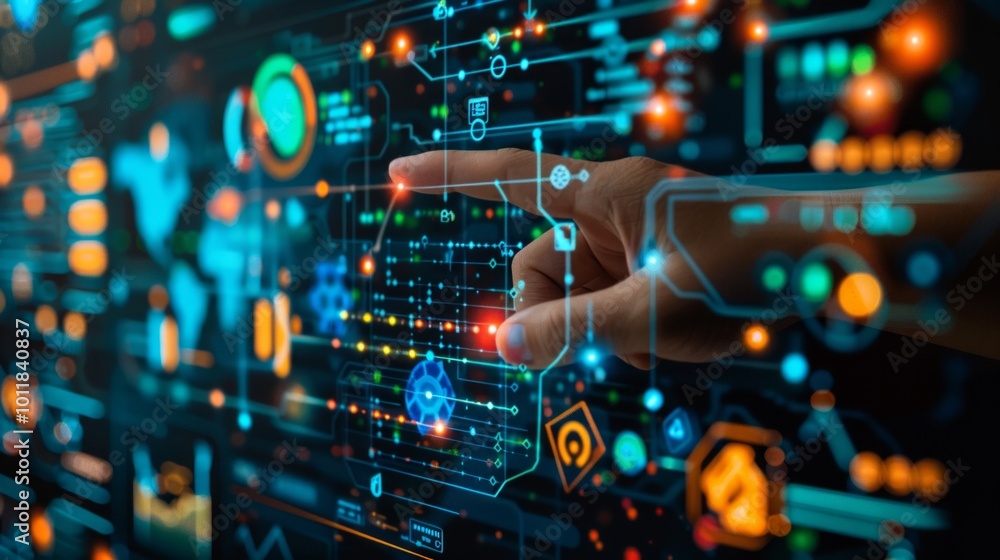 Futuristic interface with graphs and data, highlighted hand touching screen with tech elements like lines and circles. Futuristic interface with graphs and data, highlighted hand touching screen with tech elements like lines and circles.