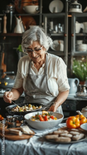 Elderly woman in glasses and an apron smiling in a warm kitchen. Holding a spoon, surrounded by veggies, cakes, and dishes. Cozy and well-equipped setting.