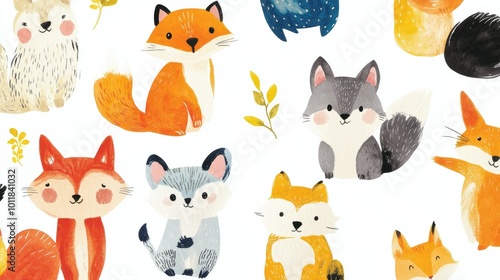 A whimsical display of animal-themed wallpaper samples for kids' rooms, featuring playful prints and colors, all presented on a bright white background.