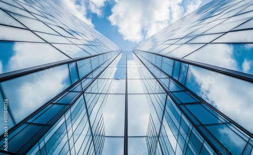 A modern glass skyscraper seen from below against a blue sky, symbolizing architecture, growth, and corporate success. 