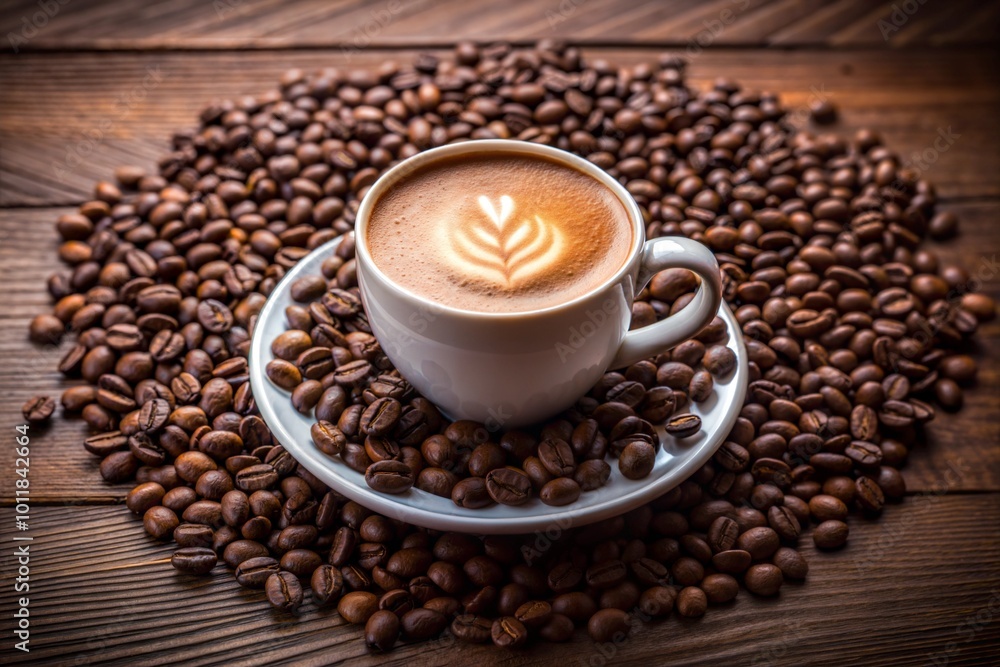 White coffee cup with latte art surrounded by beans White coffee cup with latte art surrounded by beans