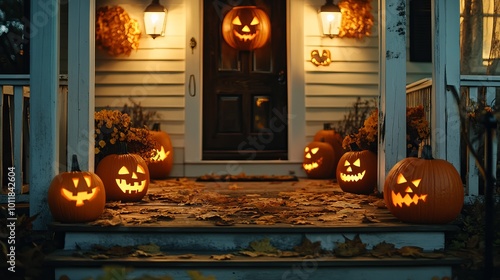 Charming House Decorated for Halloween with Orange Pumpkins and Spooky Jack O' Lanterns on the Porch photo