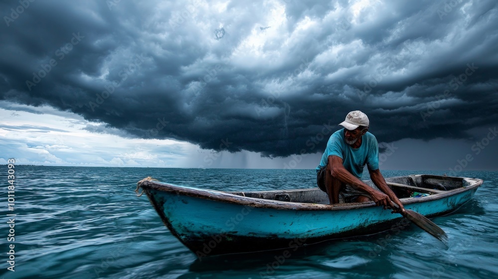 Fototapeta premium A fisherman securing his boat as a tropical storm approaches, with the dark clouds gathering in the background