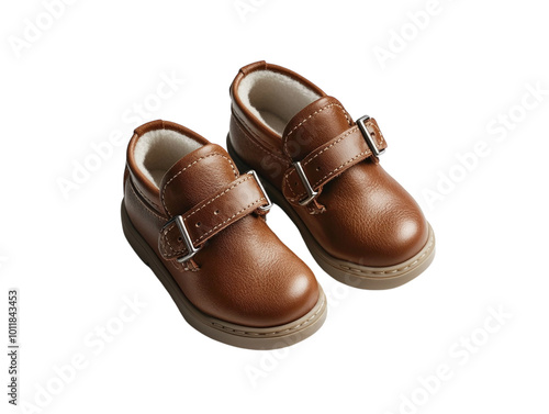 Pair of small brown leather baby shoes with buckle straps, offering a soft and cozy feel, isolated on white background PNG transparent. photo