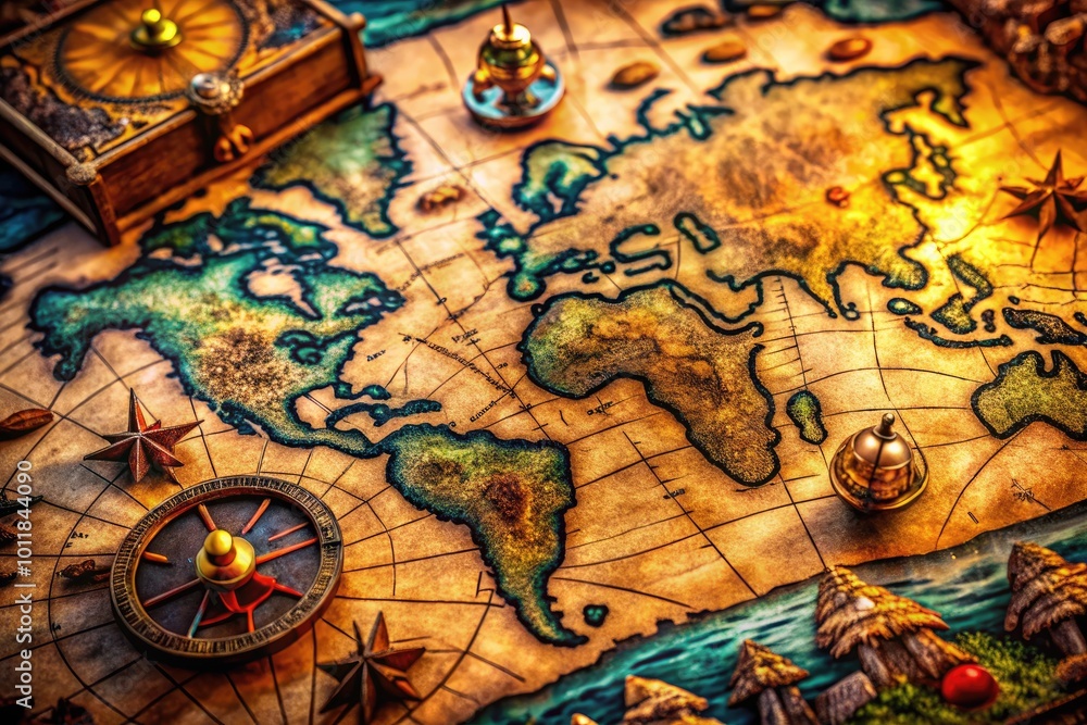 Fototapeta premium Ancient Treasure Map with Intricate Details and Vintage Aesthetic for Adventure and Exploration Themes