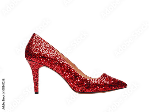 Sparkling red glitter high heels for women, stylish and glamorous, isolated on white background PNG transparent. photo