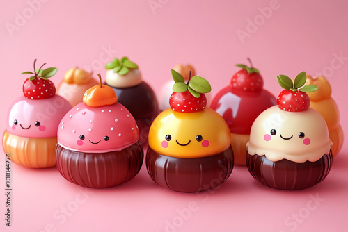 Cute Kawaii Food Characters with Adorable and Playful Design, Happy Expressions, and Bright Colors