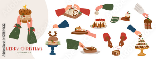 Set of woman's hands cooking, decorating home-baked Christmas cake. Christmas bakery. Festive food, cooking process, family culinary, Christmas, New Year traditions concept vector cartoon illustration