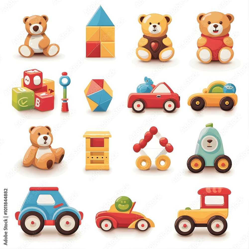 Fototapeta premium Playful Collection of Colorful Children s Toy Icons with Teddy Bears Blocks and Toy Cars Isolated on White Background