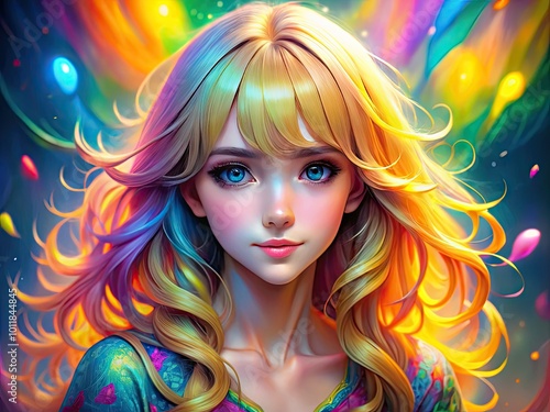 Anime blonde girl with vibrant hair and playful expression, set against a colorful fantasy background