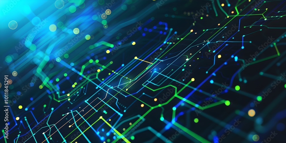 Digital Technology Circuit Board 3d with Neon Elements on a Black Background Digital Technology Circuit Board 3d with Neon Elements on a Black Background