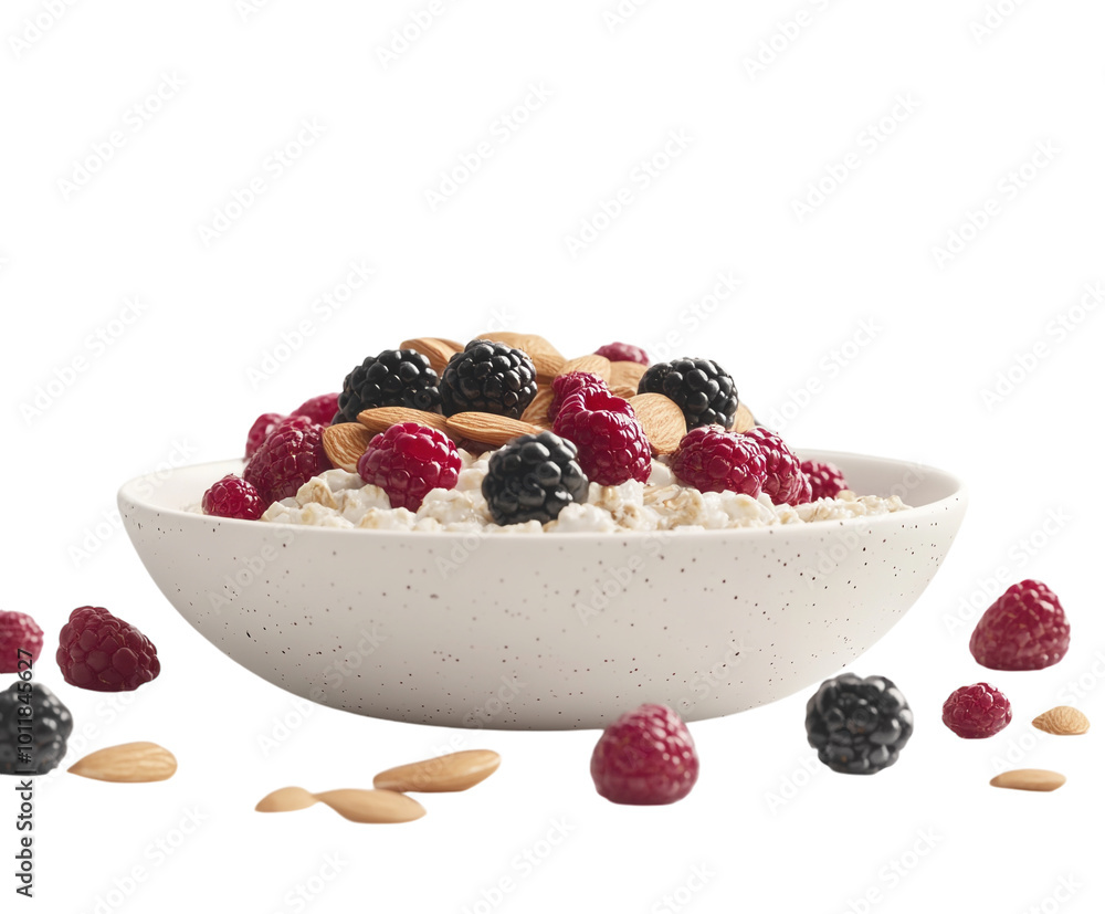 Bowl of oatmeal topped with fresh berries and almonds on a white background, fully visible and centered. PNG transparent.