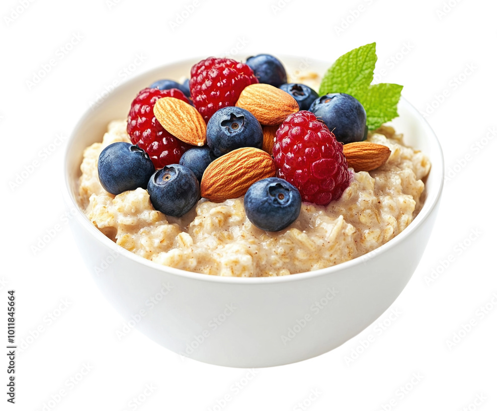 Bowl of oatmeal topped with fresh berries and almonds on a white background, fully visible and centered. PNG transparent. Bowl of oatmeal topped with fresh berries and almonds on a white background, fully visible and centered. PNG transparent.