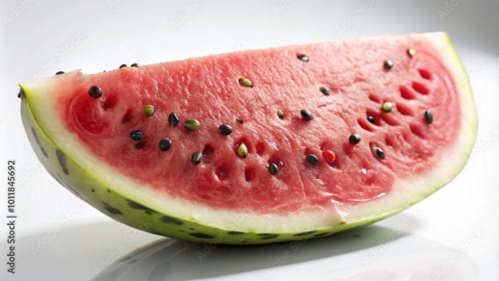 A slice of watermelon with black and green seeds on a white background. A slice of watermelon with black and green seeds on a white background.