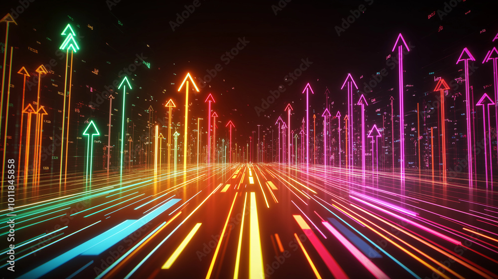 Bright, colorful arrows pointing upward, with dynamic light streaks creating a sense of movement. Bright, colorful arrows pointing upward, with dynamic light streaks creating a sense of movement.