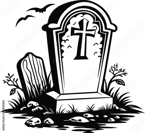 Silhouette illustration of a tombstone, grave with cross design.