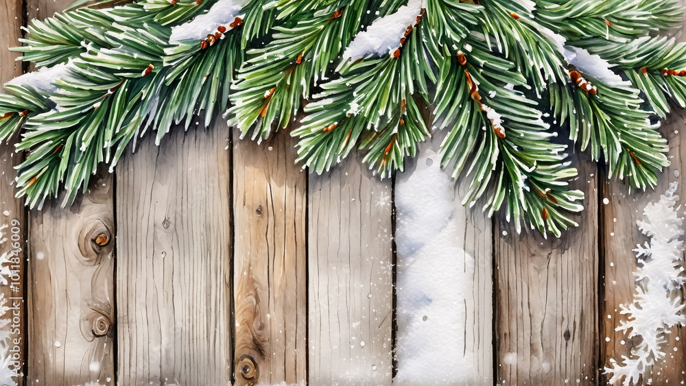 Pine branches covered in snow resting on a wooden background with watercolor effect and copy space Pine branches covered in snow resting on a wooden background with watercolor effect and copy space