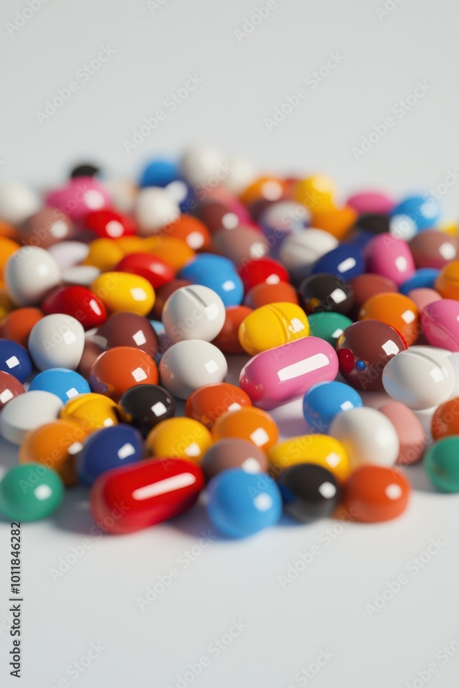 Colorful pills and tablets on a white background in warm lighting, showcasing vibrant pharmaceutical concepts and modern medicine design aesthetics Colorful pills and tablets on a white background in warm lighting, showcasing vibrant pharmaceutical concepts and modern medicine design aesthetics