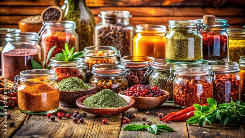 Aromatic Assortment of Spices and Seasonings in Glass Jars on a Wooden Table for Culinary Use Aromatic Assortment of Spices and Seasonings in Glass Jars on a Wooden Table for Culinary Use