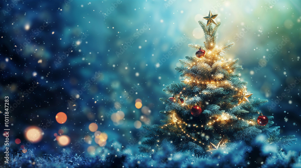Fototapeta premium Decorated Christmas Tree with Lights, Snowy Night