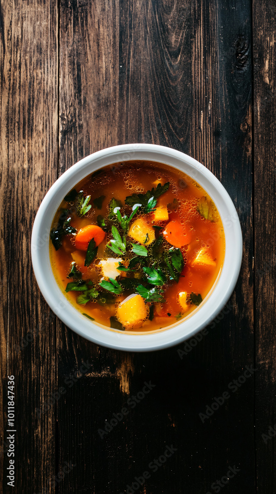 Steaming hot vegetable soup in a white bowl, topped with fresh parsley Steaming hot vegetable soup in a white bowl, topped with fresh parsley