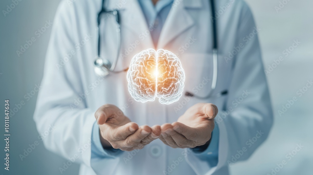 Doctor Holding Brain Model with Light Effect Doctor Holding Brain Model with Light Effect