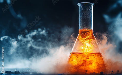 Chemistry flask with bubbling orange liquid emitting smoke in a dramatic, dark background setting.