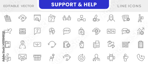Support and help line icon set. empathy, donate, volunteer, help,  phone call, customer, 24 hrs, email, faq, service, aid, desk, guidance, relief line icon set. UI thin line icon pack.