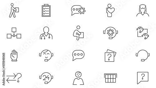 Support and help line icon set. empathy, donate, volunteer, help,  phone call, customer, 24 hrs, email, faq, service, aid, desk, guidance, relief line icon set. UI thin line icon pack.