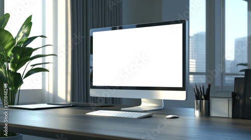 A modern workspace featuring a computer, keyboard, and plant in a bright office setting.