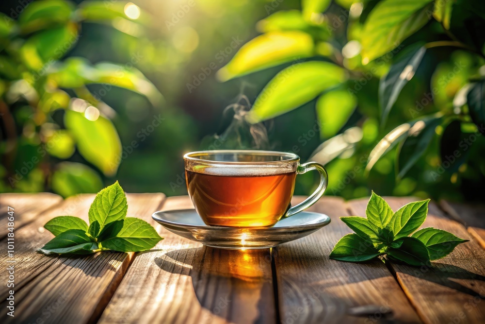A Serene Cup of Tea on a Wooden Table Surrounded by Fresh Leaves and Soft Natural Light A Serene Cup of Tea on a Wooden Table Surrounded by Fresh Leaves and Soft Natural Light