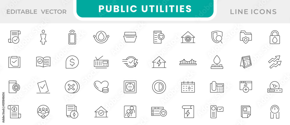 Public Utilities line icon set. Water, fuel, electricity, solar house, maintenance, house, bill, service, meter, gas supply, drainage, garbage removal, heating line icon set. UI thin line icon set. Public Utilities line icon set. Water, fuel, electricity, solar house, maintenance, house, bill, service, meter, gas supply, drainage, garbage removal, heating line icon set. UI thin line icon set.