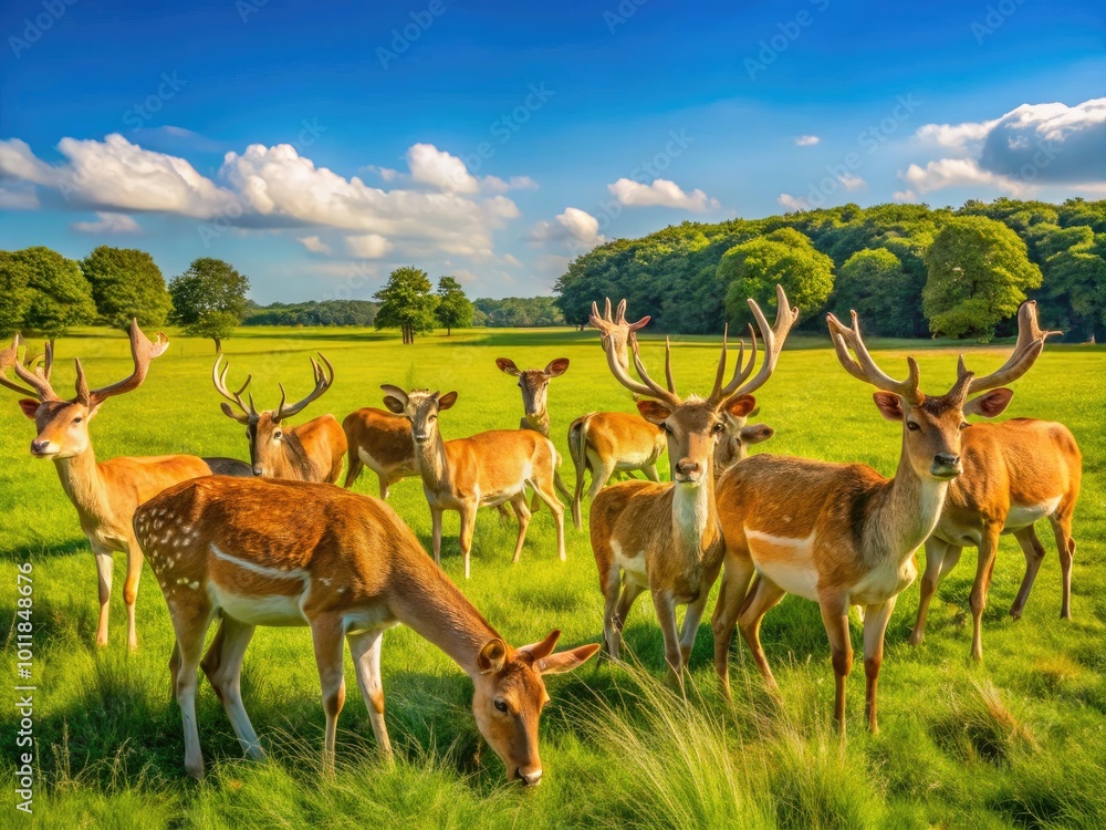 Naklejka premium A Serene Flock of Deer Grazing Gracefully in a Lush Green Meadow Under a Clear Blue Sky