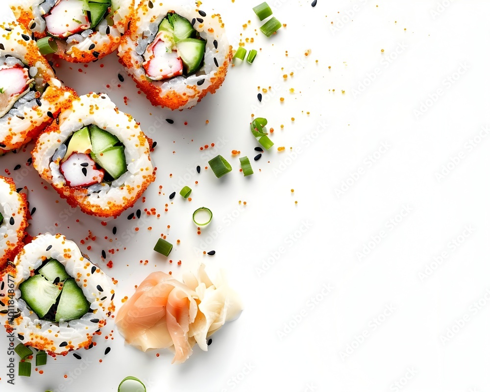 Detailed Sushi Rolls with Avocado Cucumber and Fish on White Background Detailed Sushi Rolls with Avocado Cucumber and Fish on White Background