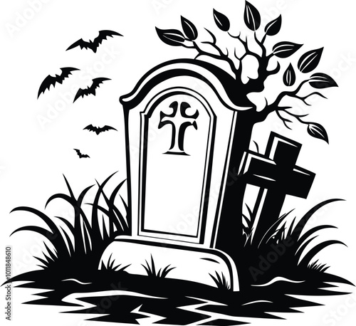 Silhouette illustration of a tombstone, grave with cross design.