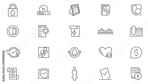Public Utilities line icon set. Water, fuel, electricity, solar house, maintenance, house, bill, service, meter, gas supply, drainage, garbage removal, heating line icon set. UI thin line icon set.  