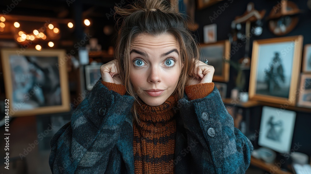 Young woman in a cozy art studio making a funny face with her hands near ears Young woman in a cozy art studio making a funny face with her hands near ears