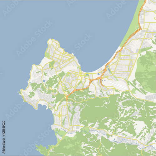 Map of Monterey in California in a normal road map style. Contains layered vector with roads water, parks, etc.