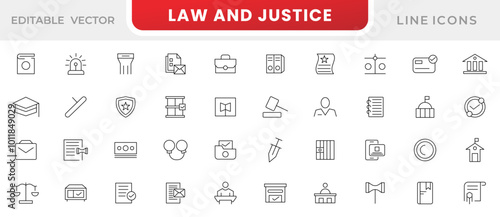 Law and Justice line icon set. Gender, racial, sexual orientation, judge, equity, respect, law, judgment, prison, justice, court legal, lawyer, criminal line icon set. UI thin line icon pack.