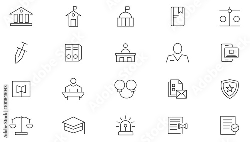 Law and Justice line icon set. Gender, racial, sexual orientation, judge, equity, respect, law, judgment, prison, justice, court legal, lawyer, criminal line icon set. UI thin line icon pack.