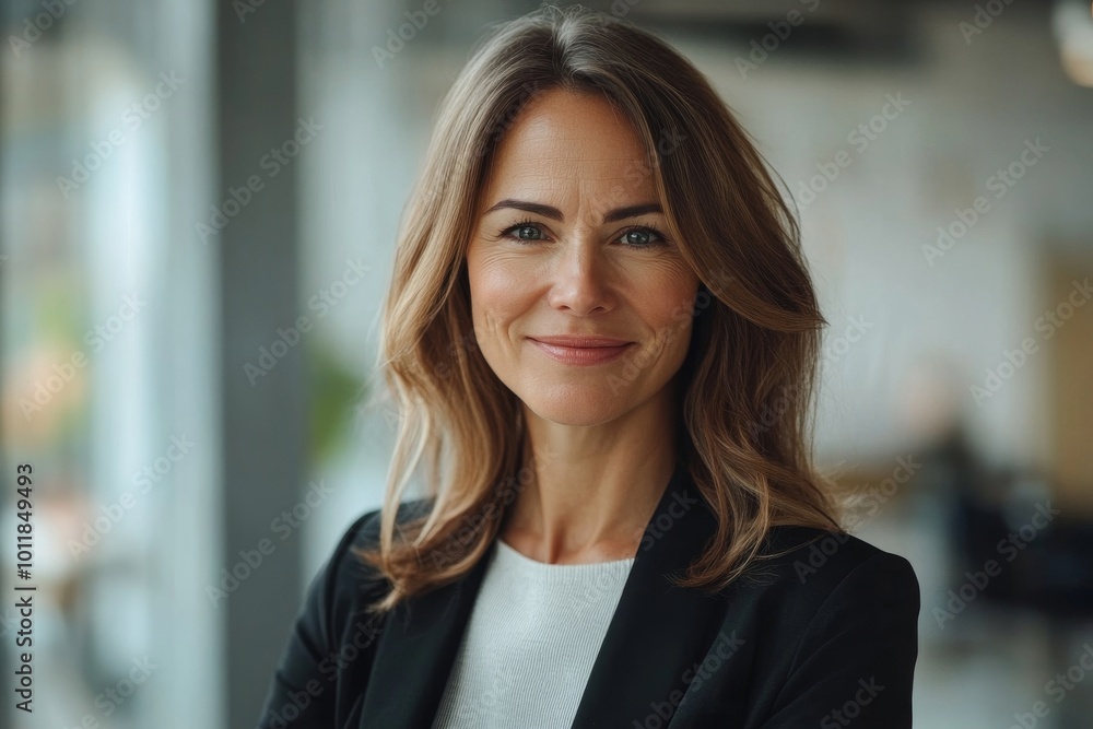 Portrait of happy businesswoman with touchpad in office looking at camera, Generative AI Portrait of happy businesswoman with touchpad in office looking at camera, Generative AI