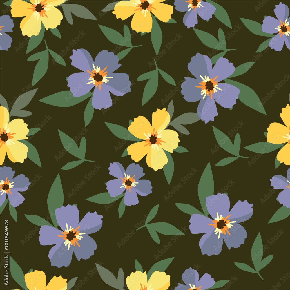 Seamless floral pattern, elegant ditsy print, abstract ornament with green blooming field in retro motif. Pretty botanical design: small hand drawn wild flowers, grass, leaves. Vector illustration. Seamless floral pattern, elegant ditsy print, abstract ornament with green blooming field in retro motif. Pretty botanical design: small hand drawn wild flowers, grass, leaves. Vector illustration.