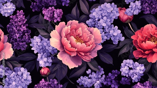 Beautiful pattern with peony and lilac flowers on a black background that you can change.
