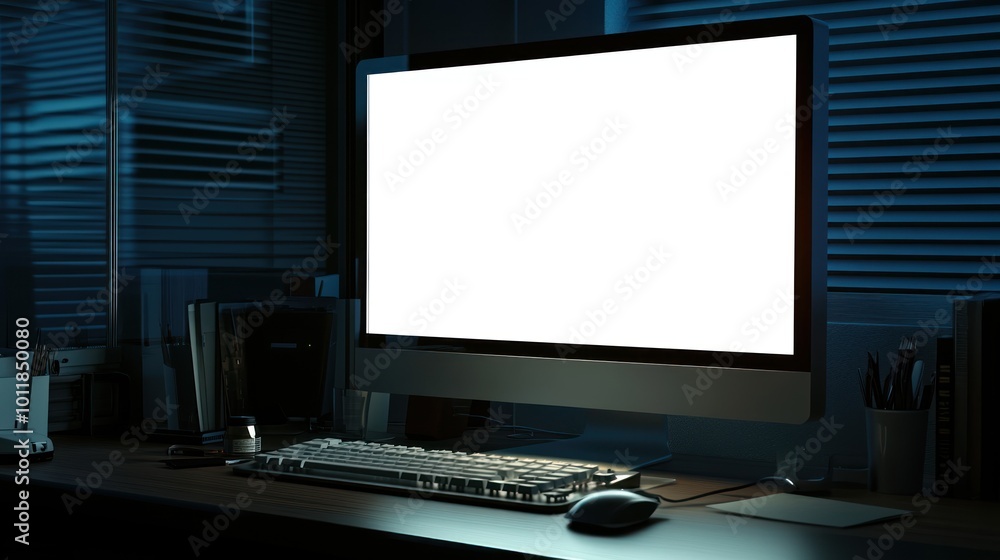 A dimly lit workspace featuring a blank computer screen and a keyboard. A dimly lit workspace featuring a blank computer screen and a keyboard.
