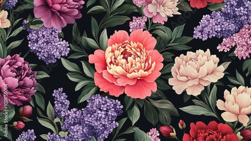 Beautiful pattern with peony and lilac flowers on a black background that you can change.