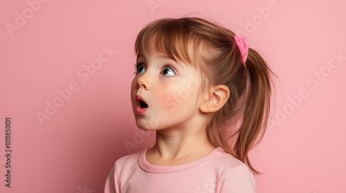 Little girl surprised on pink background. Emotionally shocked, frightened, confused. spectrum of emotions. poster, banner copy space