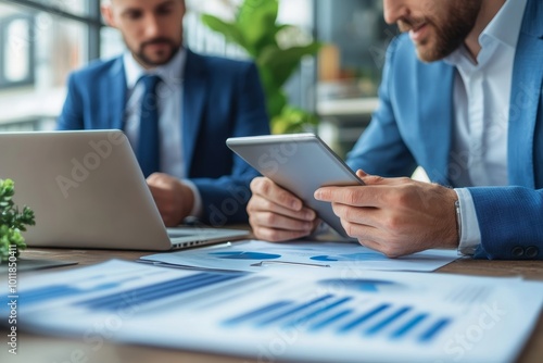 Tablet, laptop and business men planning in conference room meeting, teamwork and discussion of corporate data. Professional people or partner talking, review or report analysis, Generative AI