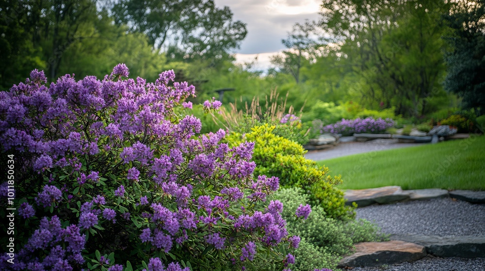 Beautiful purple blooms adorn a shrub in Acton Botanical Garden, Massachusetts. Beautiful purple blooms adorn a shrub in Acton Botanical Garden, Massachusetts.