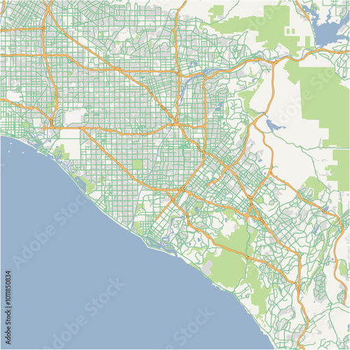 Map of Orange County in California in a normal road map style. Contains layered vector with roads water, parks, etc.